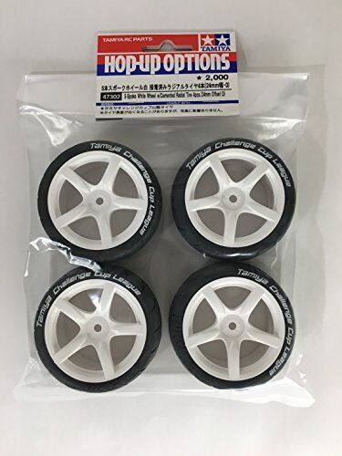 Tamiya%201/10%20scale%205-spoke%20wheel%20white%20Adhered%204%20radial%20tires%2024mm,%20offset%200