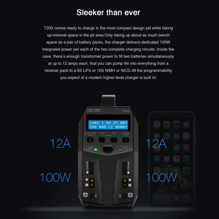 SkyRC T200 Dual Balance Charger 2x100w AC/DC - 12 A Charge