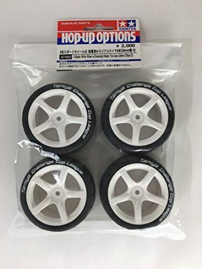 Tamiya 1/10 scale 5-spoke wheel white Adhered 4 radial tires 24mm, offset 0