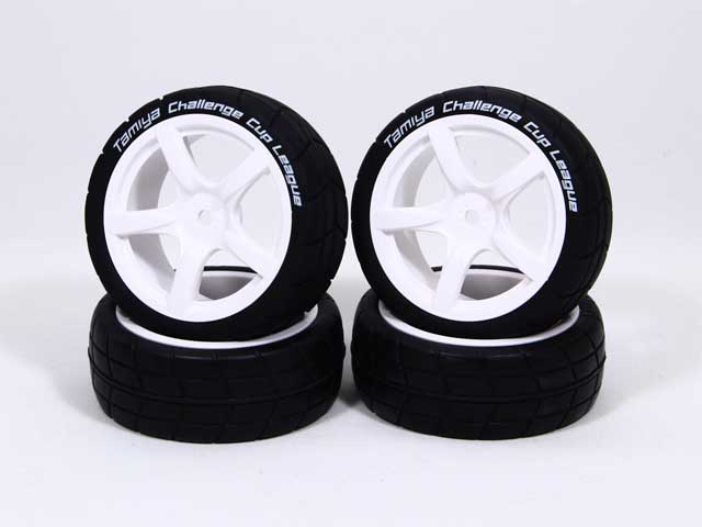 Tamiya%201/10%20scale%205-spoke%20wheel%20white%20Adhered%204%20radial%20tires%2024mm,%20offset%200